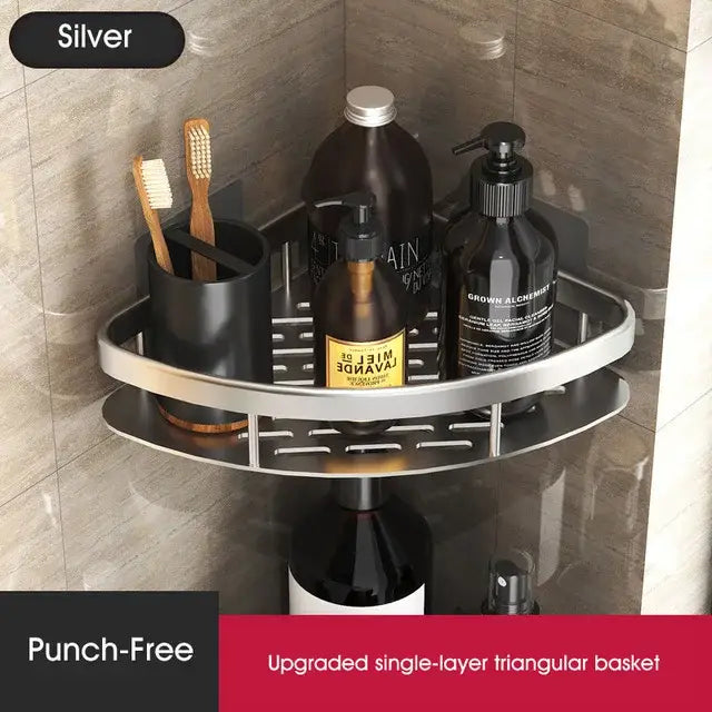 Silver triangular punch-free single-layer shower caddy complementing decorbites bathroom corner shelves storage rack