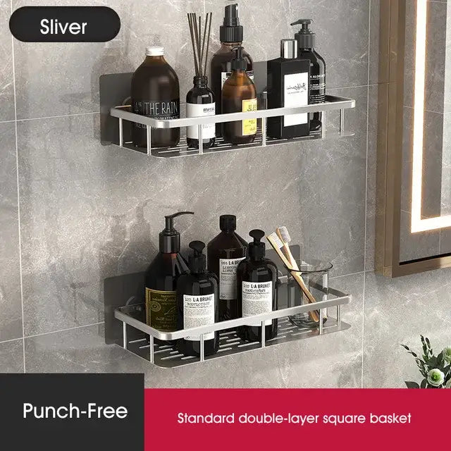 Silver double-layer square metal bathroom corner shelves with perforated mesh for ventilation decorbites bathroom corner