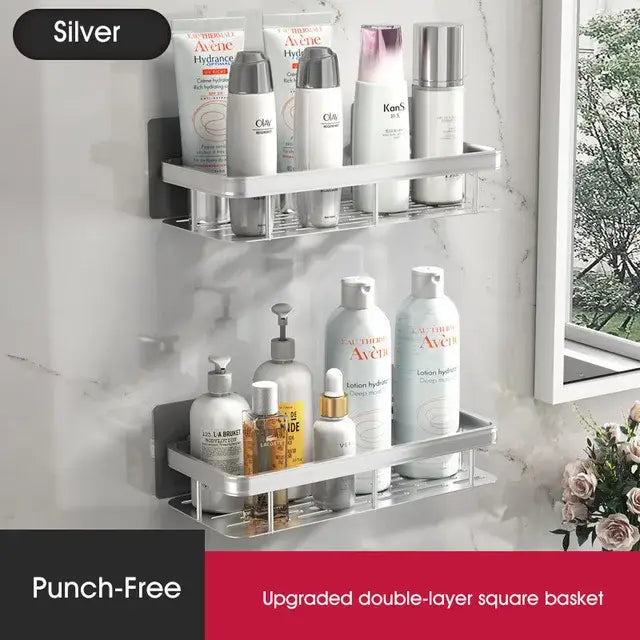 Modern black metal tiered bathroom corner shelves with silver double-layer square basket for decorbites bathroom storage