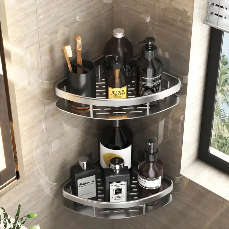 Modern black metal tiered bathroom corner shelves storage rack with silver double-tiered shower caddy for decorbites bathroom corner