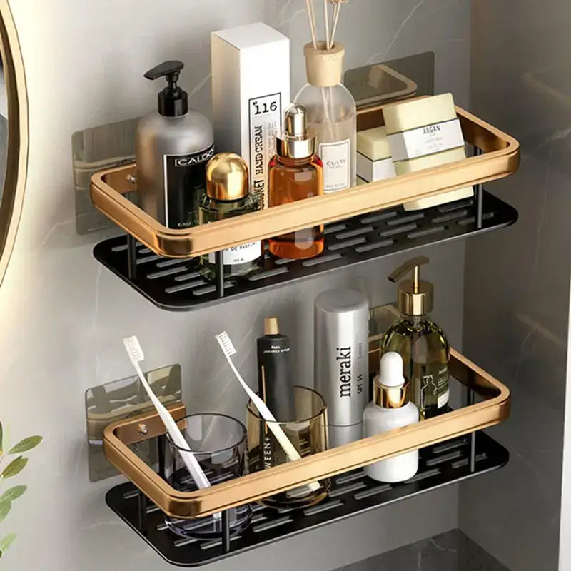 Modern black metal tiered bathroom corner shelves with gold toned frame and black perforated trays by decorbites bathroom