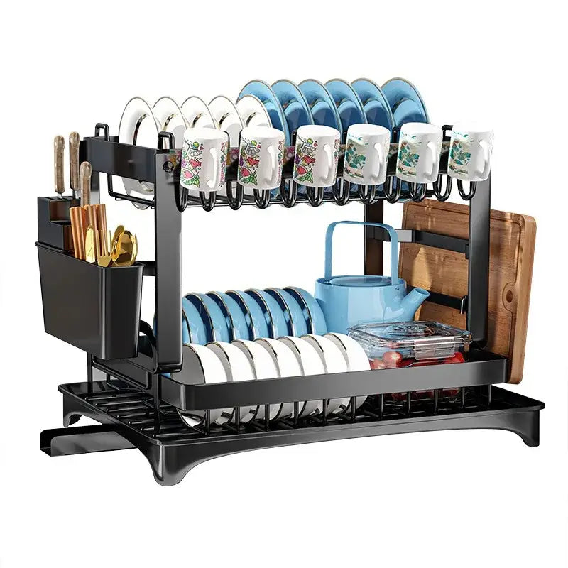 Modern black metal two tier dish drainer rack with hooks for mugs slots for plates and compartments for utensils