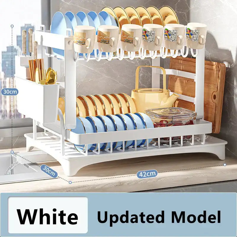 White two-tier dish drainer rack with curved hooks and slatted trays for drying plates mugs and cutlery organizer
