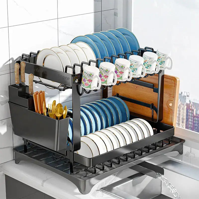 Modern black metal two tier dish drainer rack with integrated utensil holder and cutting board slot kitchen organizer