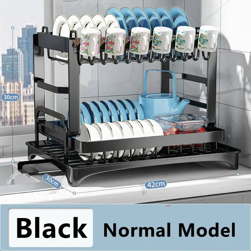 Modern black metal two tier dish drainer rack with curved hooks for mugs and flat trays for plates in kitchen organizer