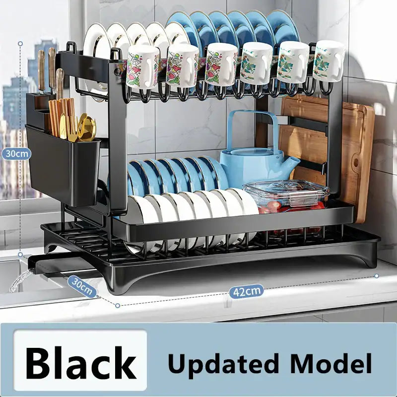Modern black stainless steel two tier dish drainer rack with integrated utensil holder and cup hooks for kitchen organization