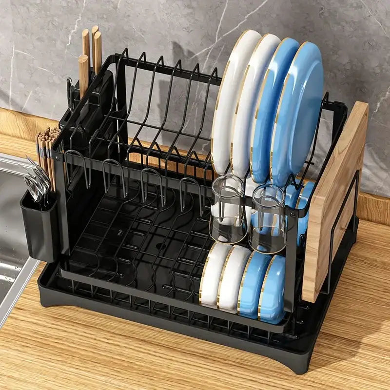 Modern black metal two tier dish drainer rack with wooden side panel holding plates glassware and utensils for kitchen organization