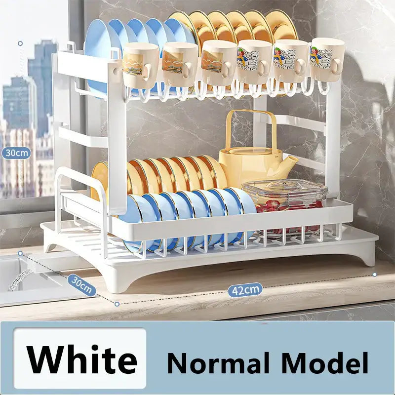 Modern black metal two tier dish drainer rack with adjustable shelves and hooks for mugs for kitchen organization