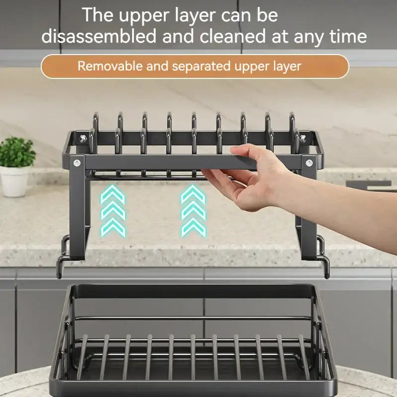 Modern black metal two tier dish drying rack with removable upper layer for easy cleaning by decorbites kitchen dish