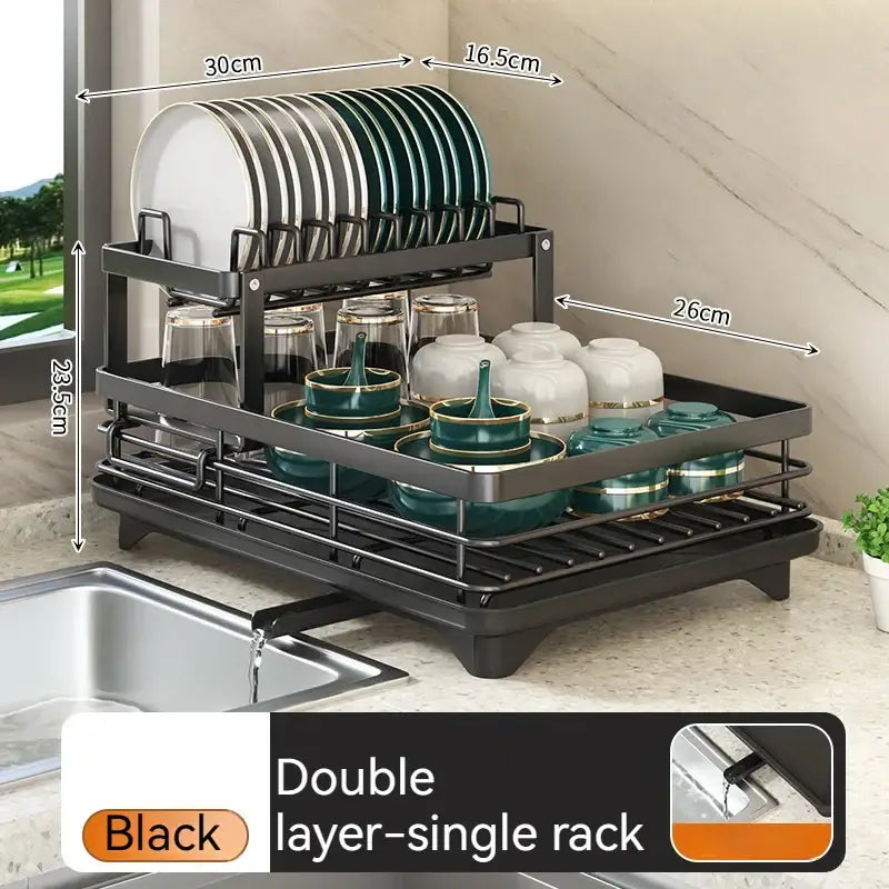 Modern black metal two tier dish drying rack with double-layer design and sturdy construction for decorbites kitchen use