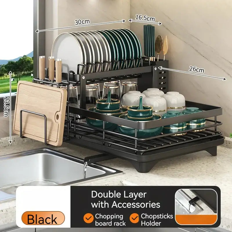 Modern black metal two tier stainless steel dish drying rack with integrated chopping board and chopstick holder by decorbites kitchen dish