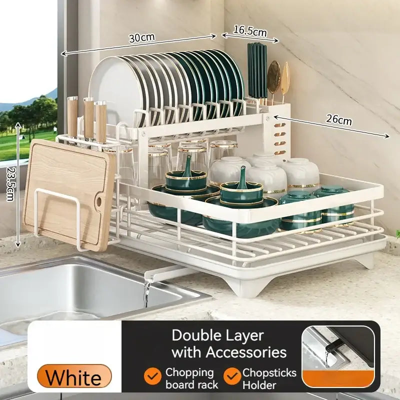Modern black metal two tier dish drying rack with white double-layer dish rack and integrated chopping board decorbites kitchen dish