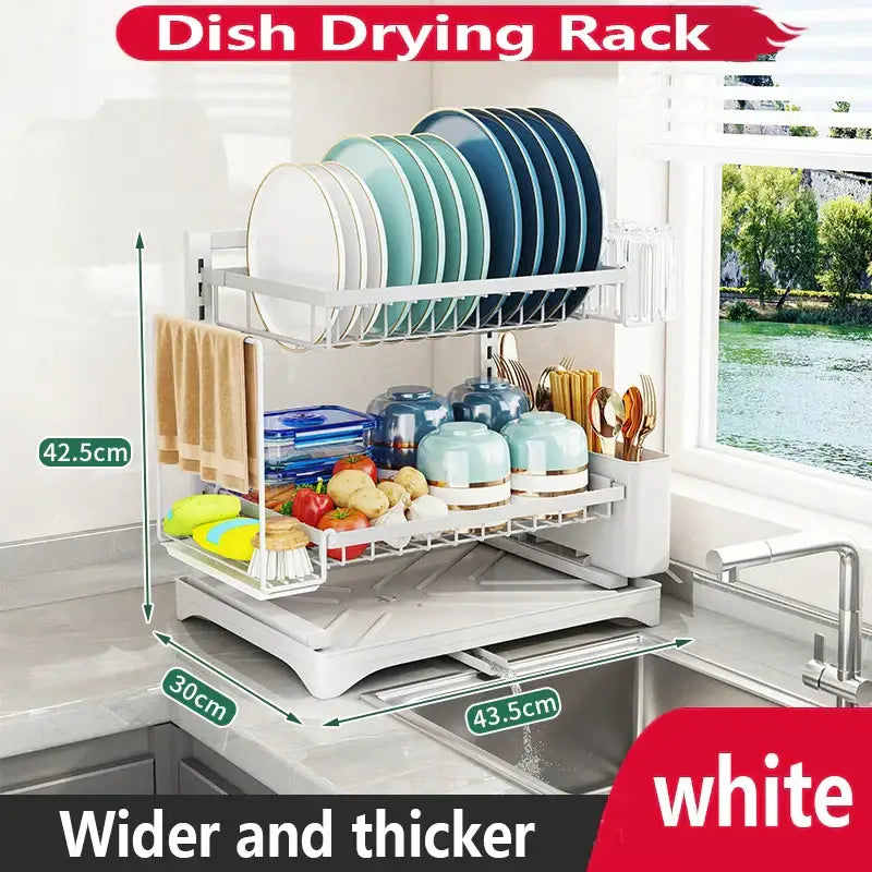 White two-tier metal dish drying rack with sturdy base and wire mesh shelves for efficient kitchen storage