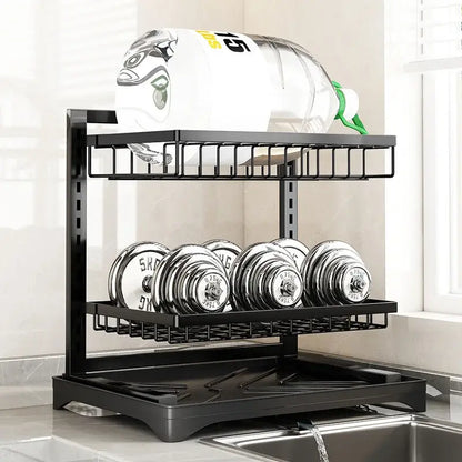 Modern black metal two tier dish drying rack with wire mesh shelves and tray base for kitchen storage and drying rack use