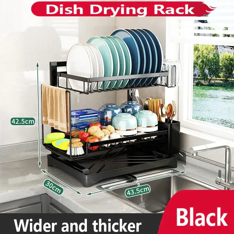 Modern black metal two tier dish drying rack with towel holder and utensil storage compartments for kitchen use