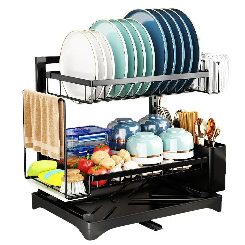 Modern black metal two tier dish drying rack with wire mesh shelves towel holder and utensil storage compartments