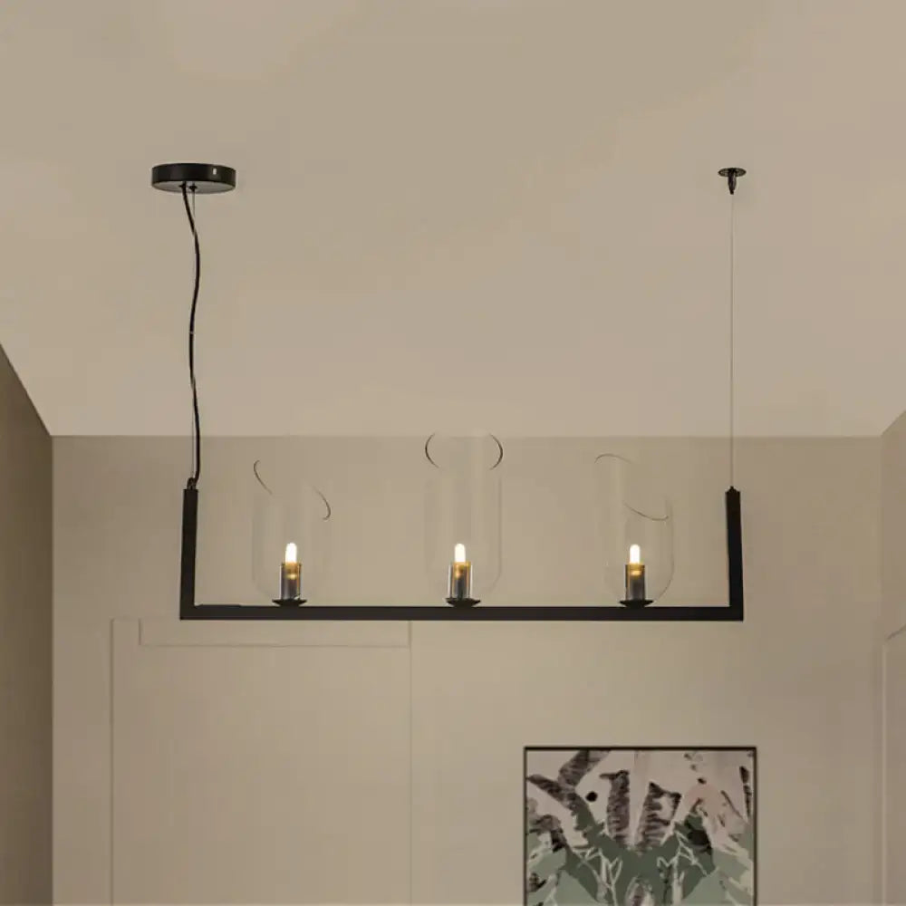 DecorBites modern black metallic linear chandelier with three clear glass candle holders led pendant light for warm illumination