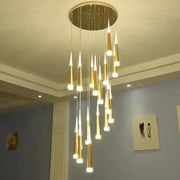 Modern black meteor shower crystal chandelier with gold-toned tapered cone lights on circular ceiling mount