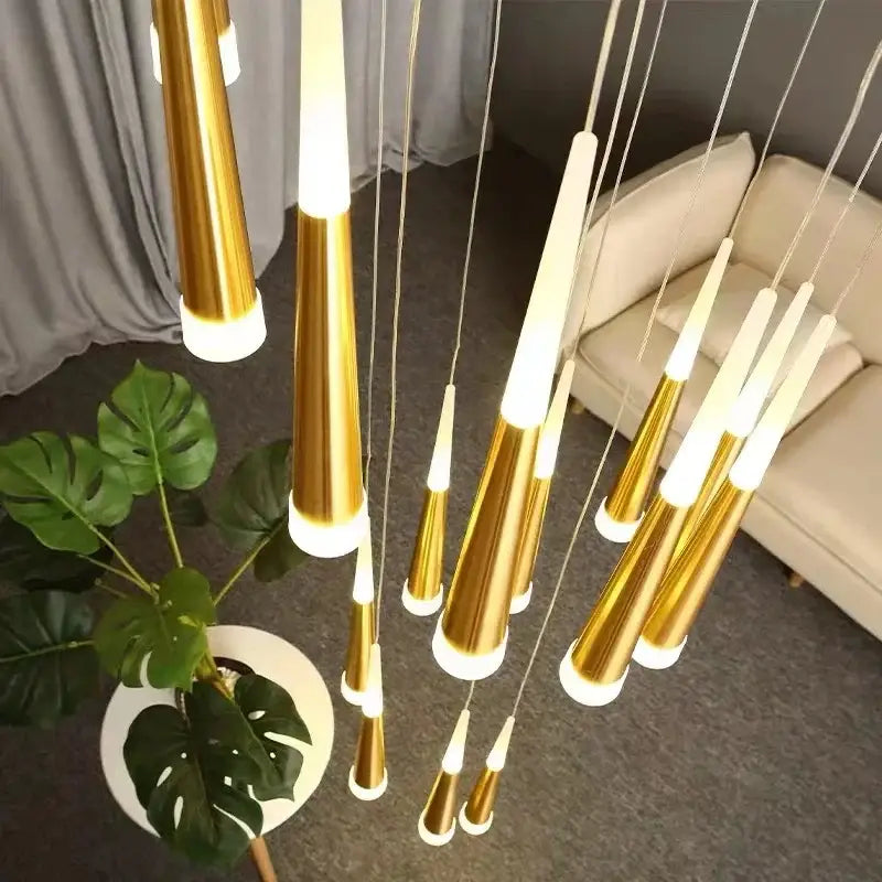 Modern gold and white conical pendant lights complement decorbites black meteor shower crystal chandelier staircase light
