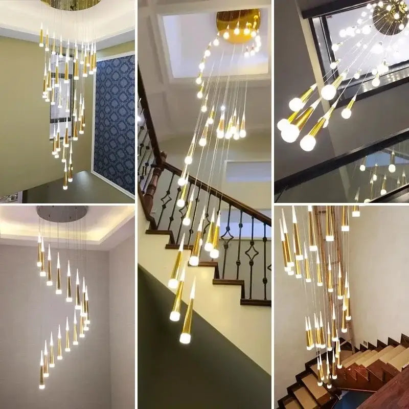 Modern black meteor shower crystal chandelier with golden tapered pendant multiple hanging light fixtures