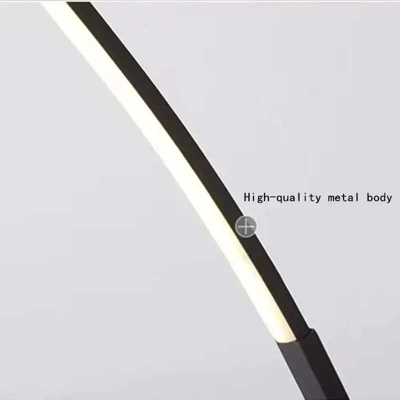 Modern black minimalist arc floor lamp with sleek metal body and illuminated white LED light strip for living room use