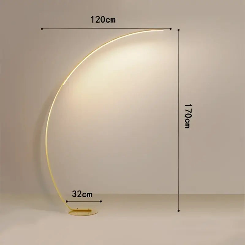 A sleek golden arc floor lamp with minimalist design and dimmable led for modern living room lighting