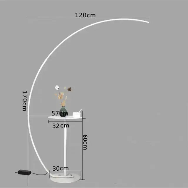 Modern black minimalist arc floor lamp with a white curved arc and circular base for living room dimmable led lighting