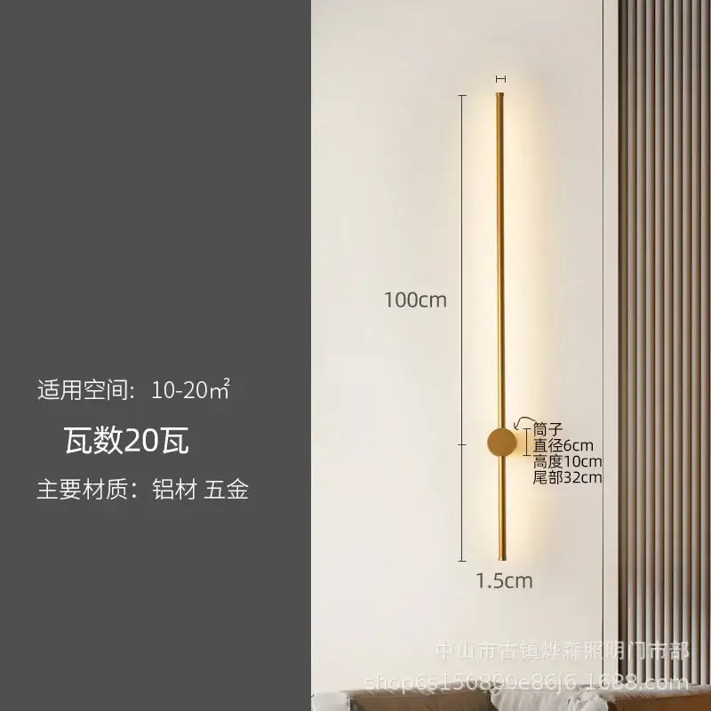 A sleek 100cm tall gold-toned decorbites led strip wall lamp with cylindrical body for modern minimalist decor