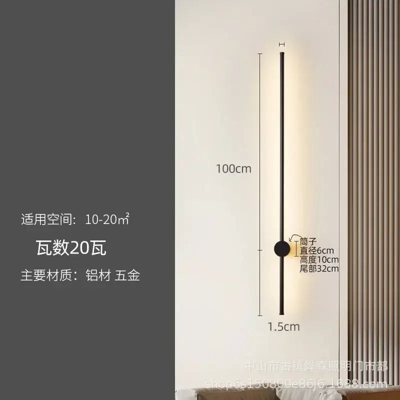 A sleek modern 100cm tall black aluminum wall lamp with circular base by decorbites led strip for minimalist decor