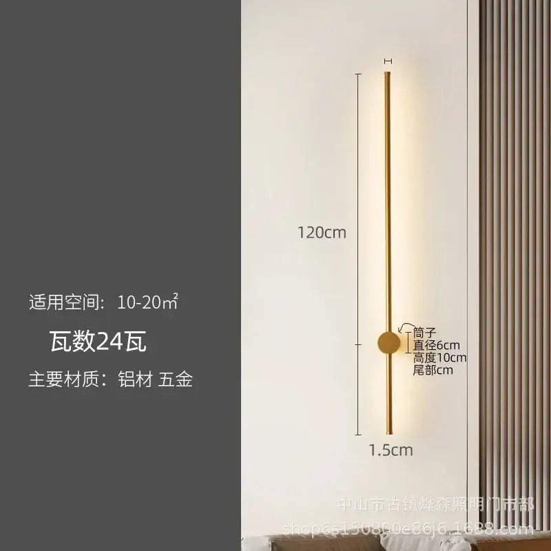 A sleek gold-toned 120cm wall lamp with minimalist cylindrical design and circular base for decorbites led strip lighting