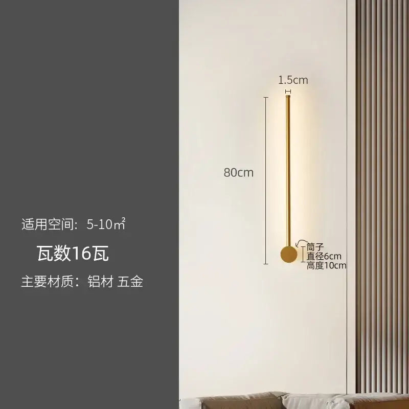A sleek gold-toned wall lamp with slim 80cm stem and 10cm base for modern black minimalist decorbites led strip use