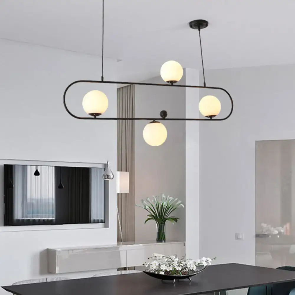 Modern black metal minimalist ellipse ceiling light with four frosted glass globes for living room lighting