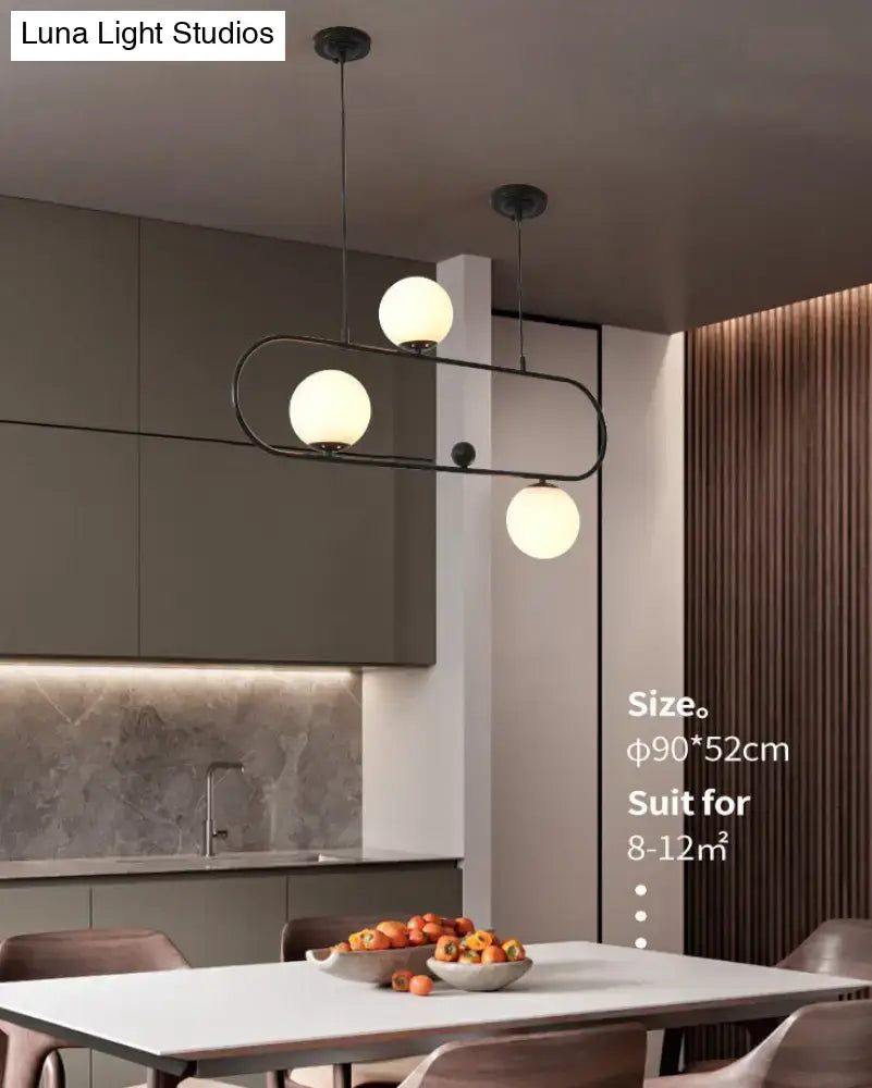 Modern black metal minimalist ellipse ceiling light with three frosted white globe bulbs for living room use
