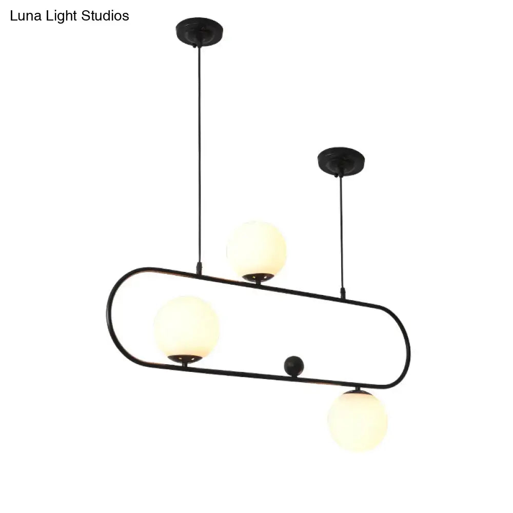 Modern black minimalist ellipse ceiling light with three frosted glass globe bulbs for living room use