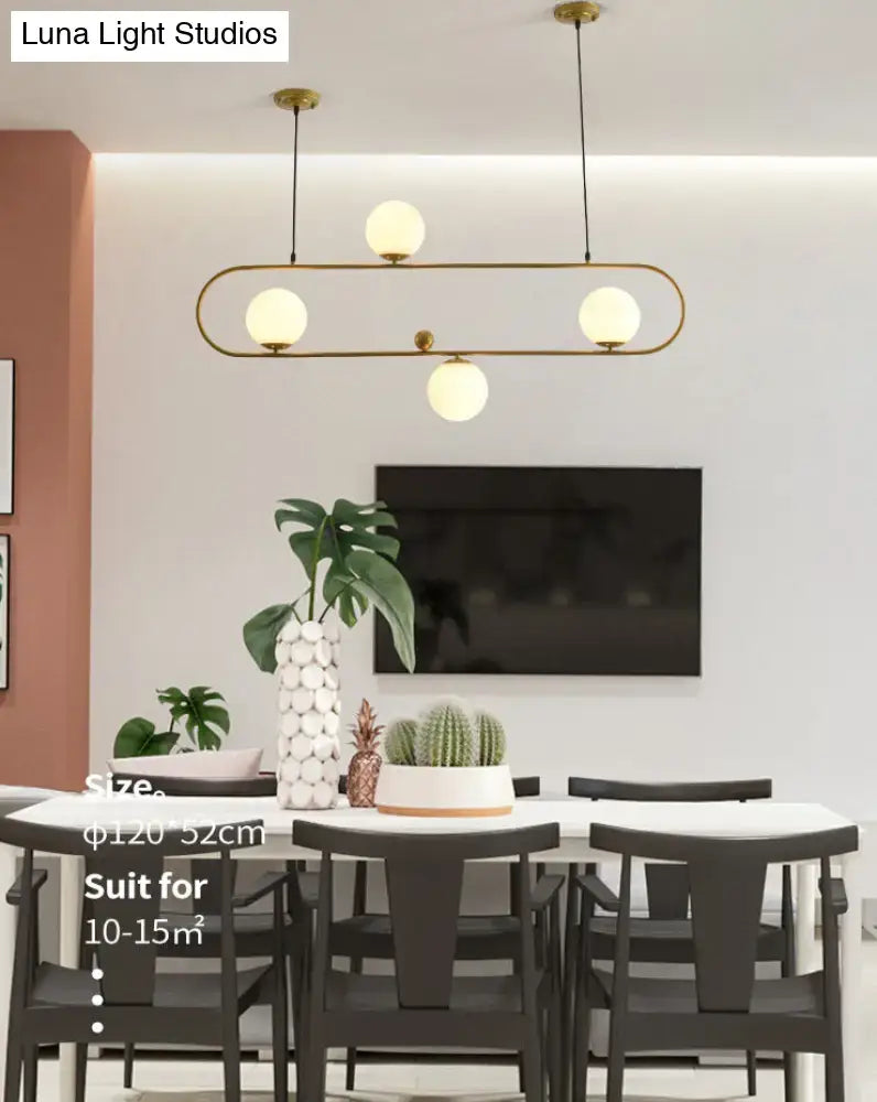 Modern gold-toned oval pendant ceiling light with four frosted glass globes for living room minimalist ellipse decor