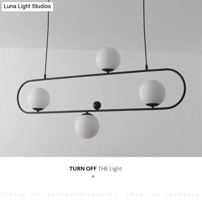 Modern black metal ceiling light with four white glass globes minimalist ellipse design for living room lighting