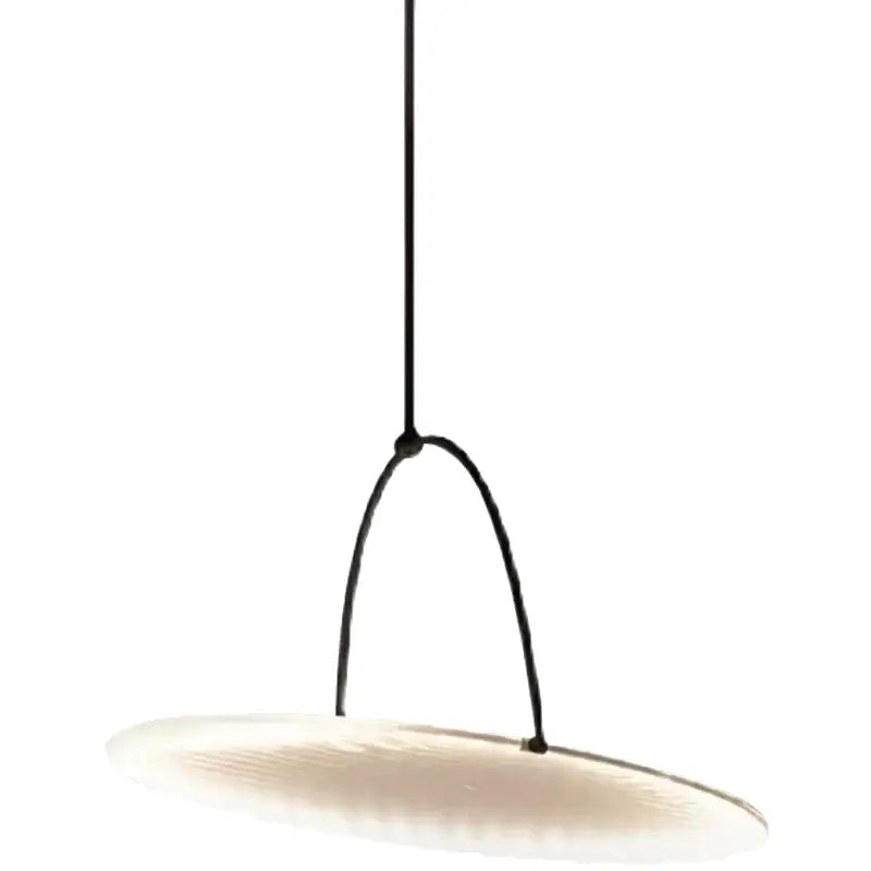 Modern black minimalist led pendant light with a sleek curved metal frame and off-white translucent glass shade for living room