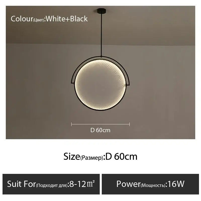 A modern black and white minimalist led pendant light with a sleek metal frame for living room use
