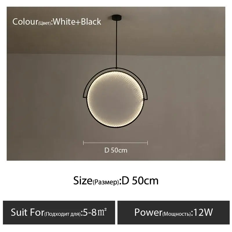 A modern white and black circular led pendant light with a sleek metal frame for living room lighting