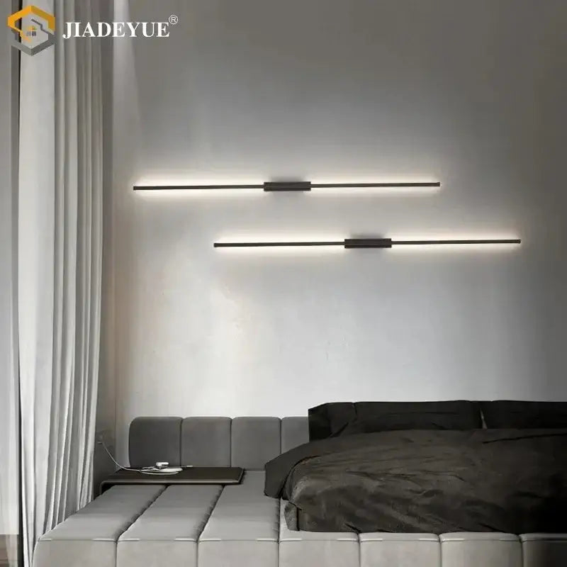 Modern black minimalist led strip wall lamp with sleek linear design mounted above bed for living room decorbites led strip