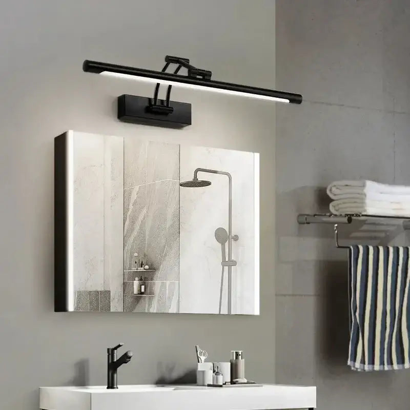 Modern black minimalist led wall lamp with adjustable arm and sleek rectangular design for bathroom vanity lighting