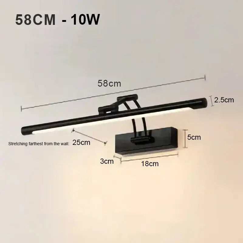 Modern black minimalist led wall lamp with sleek rectangular design and adjustable arm for bathroom vanity use