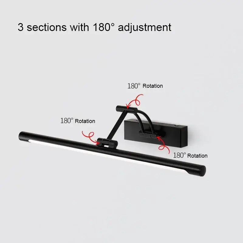 Modern black minimalist led wall lamp with three adjustable sections for bathroom vanity lighting