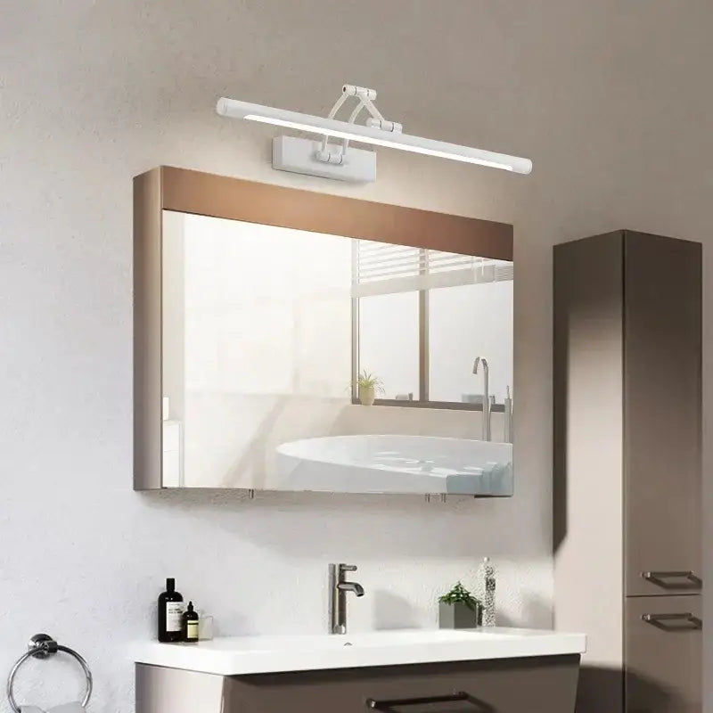 Modern black minimalist led wall lamp with sleek adjustable arm mounted above rectangular mirror for bathroom vanity lighting
