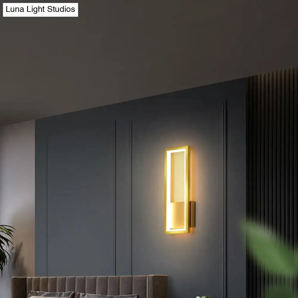 Modern black minimalist led wall sconce with sleek gold frame and warm glowing light for foyer rectangular lighting