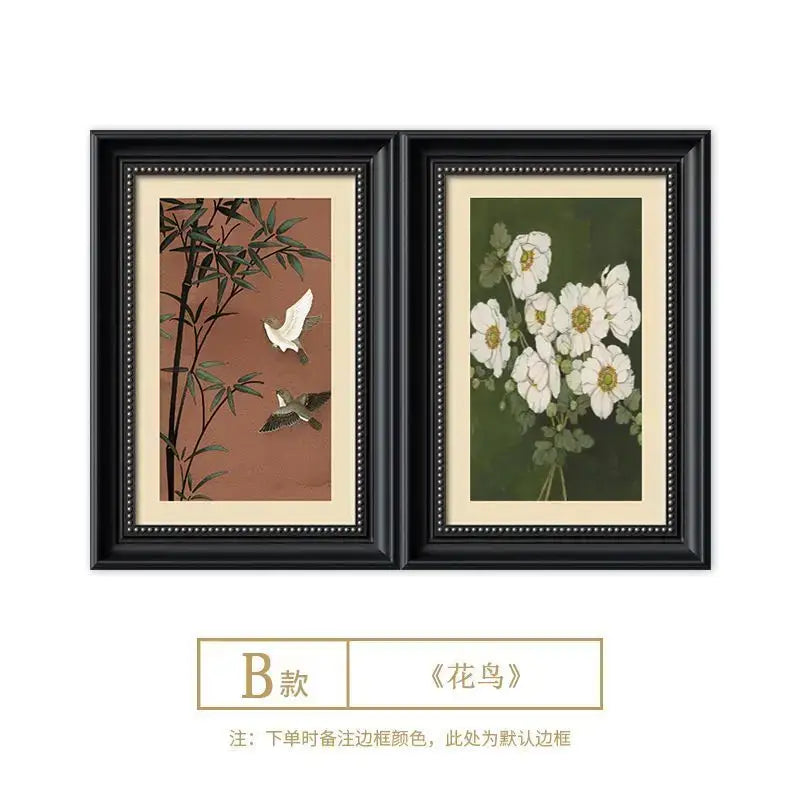 Black-framed decorative painting electric meter box cover featuring chinese-style prints with birds and flowers