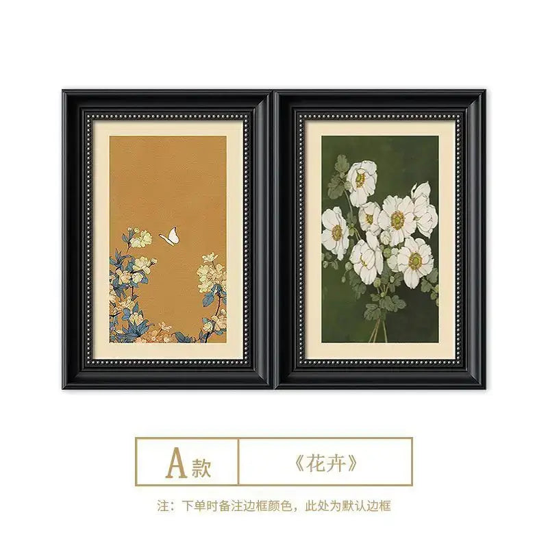 Black-framed floral decorative painting with white blossoms and butterflies on warm backgrounds for electric meter box cover
