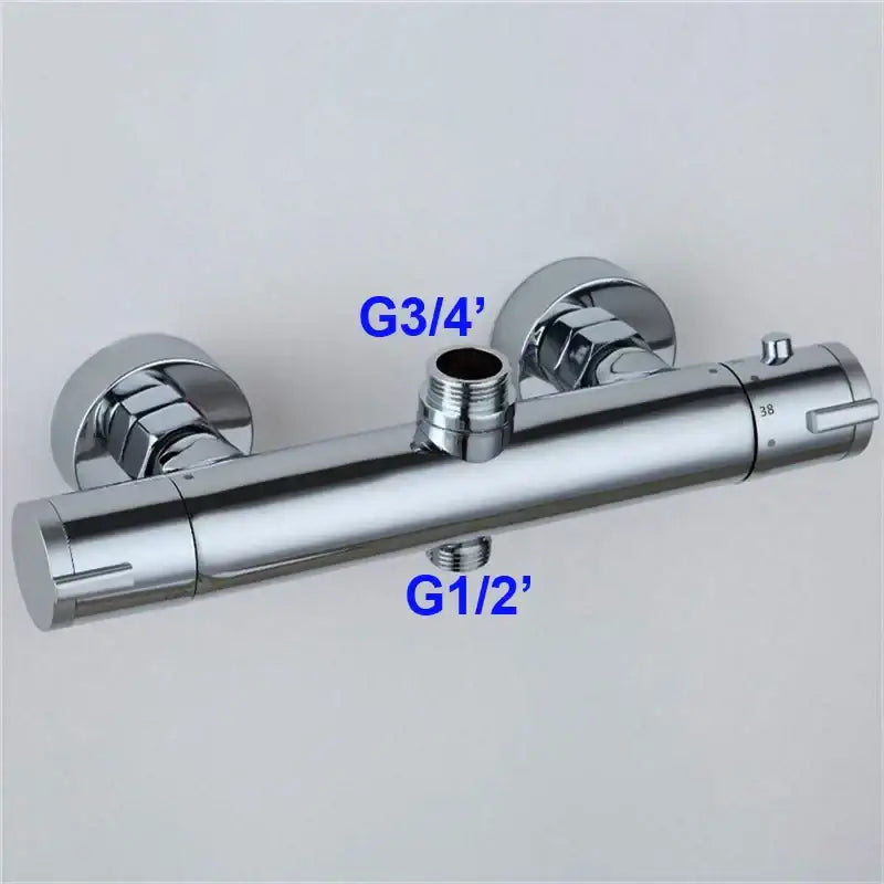 Modern black mixer valve with chrome-finished dual-handle and g3/4 and g1/2 threaded connections for brass thermostatic shower fitting
