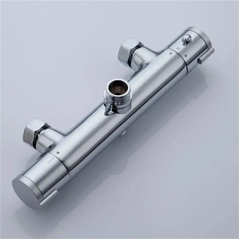 Modern black mixer valve with chrome finish, cylindrical body, dual control knobs, and brass thermostatic shower fitting