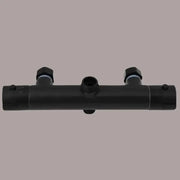 Black plastic modern mixer valve with two hexagonal caps and central threaded port for brass thermostatic shower fittings